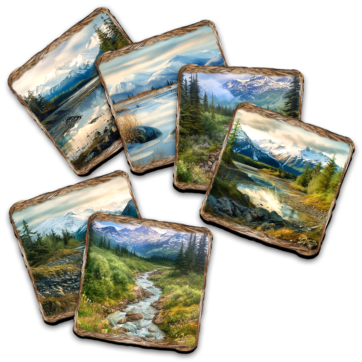 Mountain River Wooden Cork Placemat and Coasters Gift Set of 7 by Nature Wonders Nature Wildlife Decor - 85407C-S7