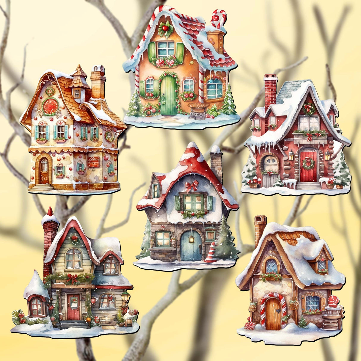 Christmas Houses Decorative Wooden Clip-on Ornaments Set of 6 by G. Debrekht - Christmas Decor - 8090024C-S6