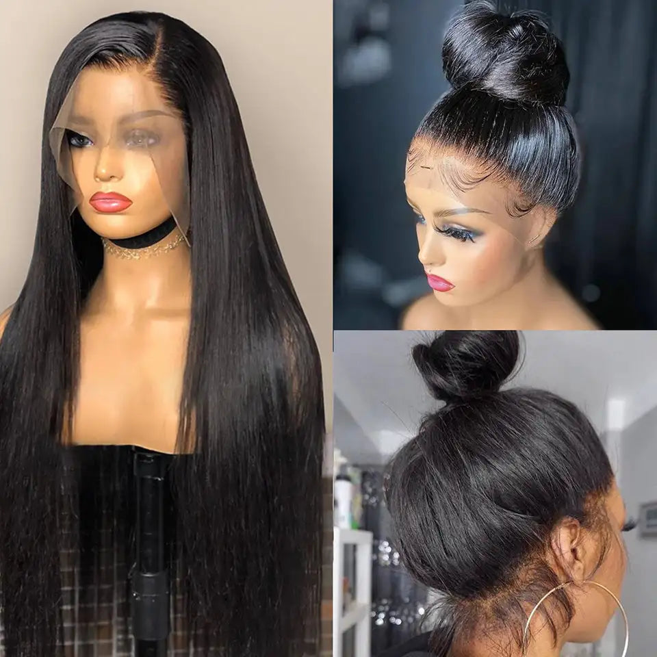 Real Human Hair Lace Wig Set Straight Hair Black Medium Length - Lootquake