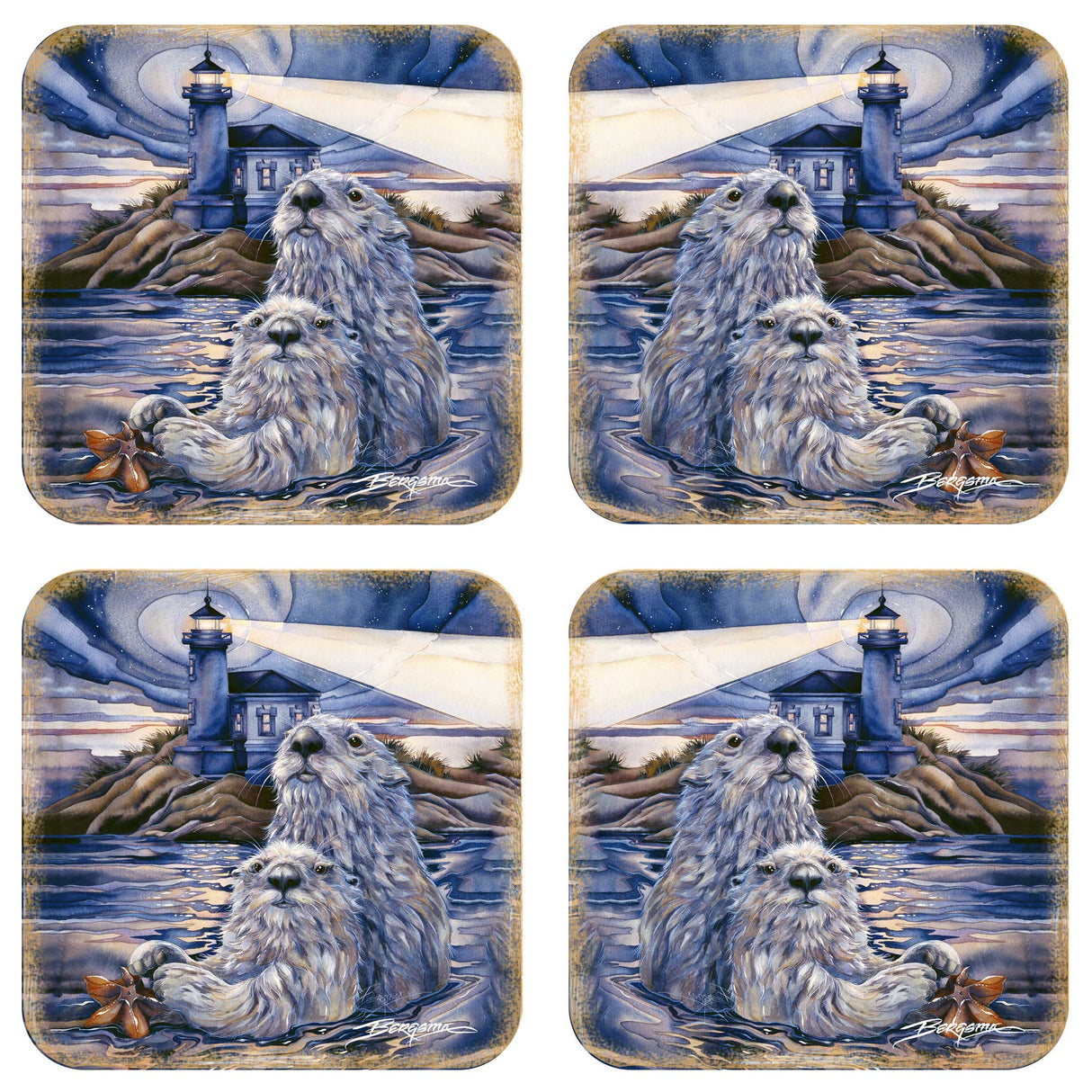 Juego de 4 posavasos de corcho de madera con diseño de nutrias Starlight de J. Bergsma - Decoración de vida silvestre - 8199473C-S4