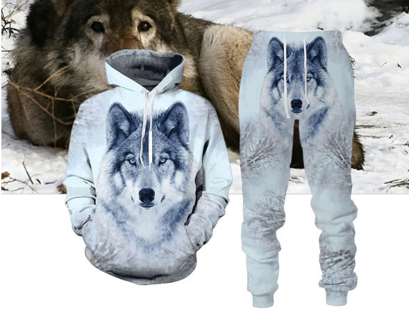 Digital Wolf Pattern Hoodie Sweater Pants Suit For Men And Women - Lootquake
