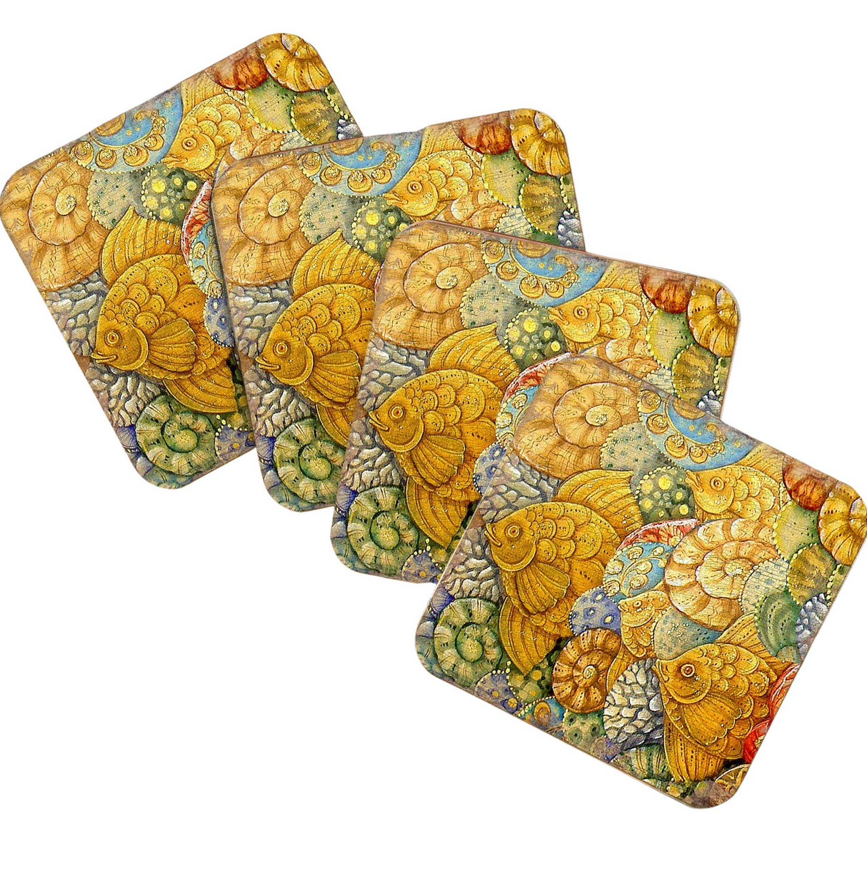 Fish Coastal Art Wooden Cork Coasters Gift Set of 4 by Nature Wonders - Nature Wildlife Decor - 95018C-S4