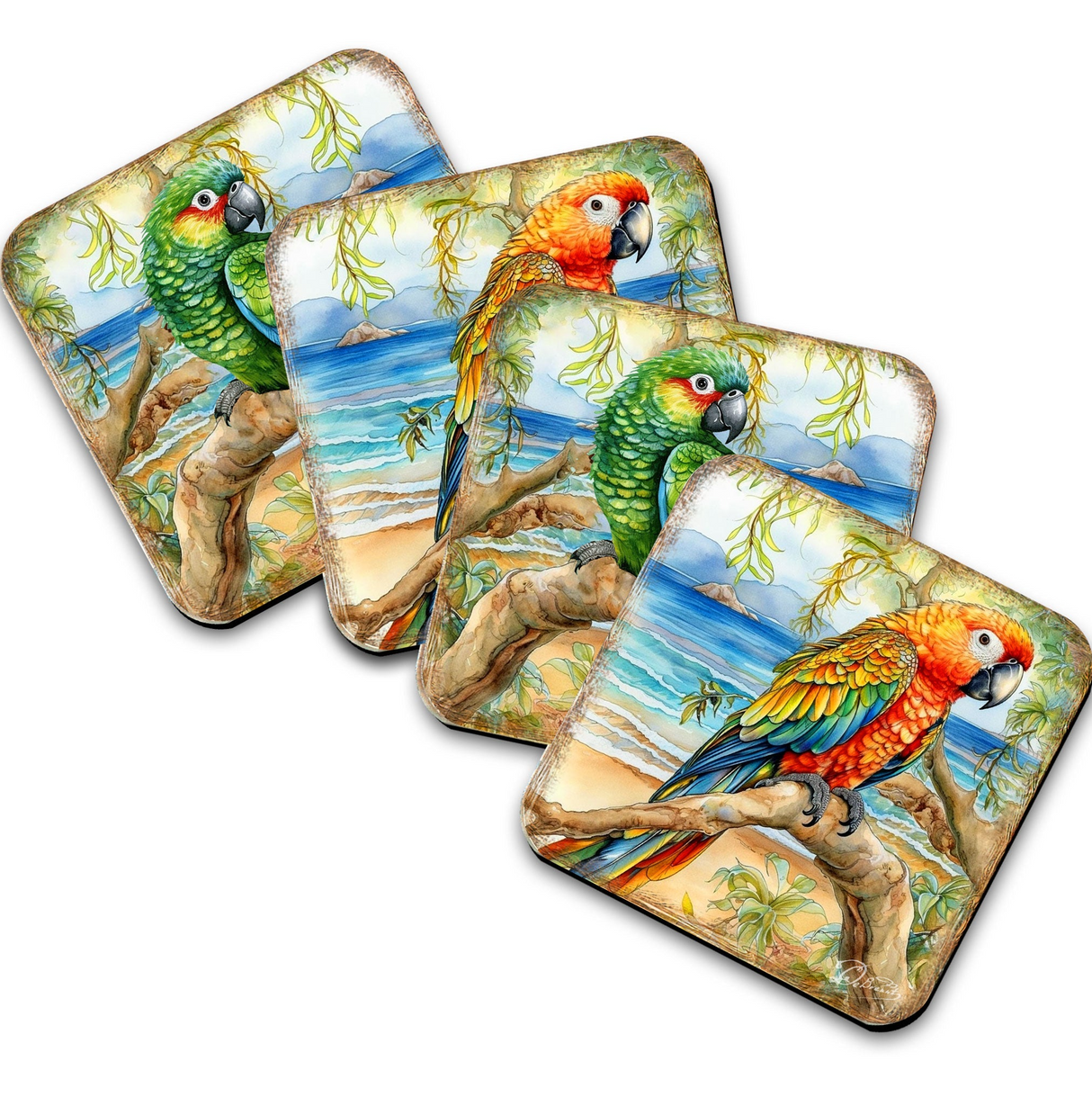 Parrots Wooden Cork Coasters Gift Set of 4 by G. Debrekht - Coastal Holiday Decor - 8199451C-S4