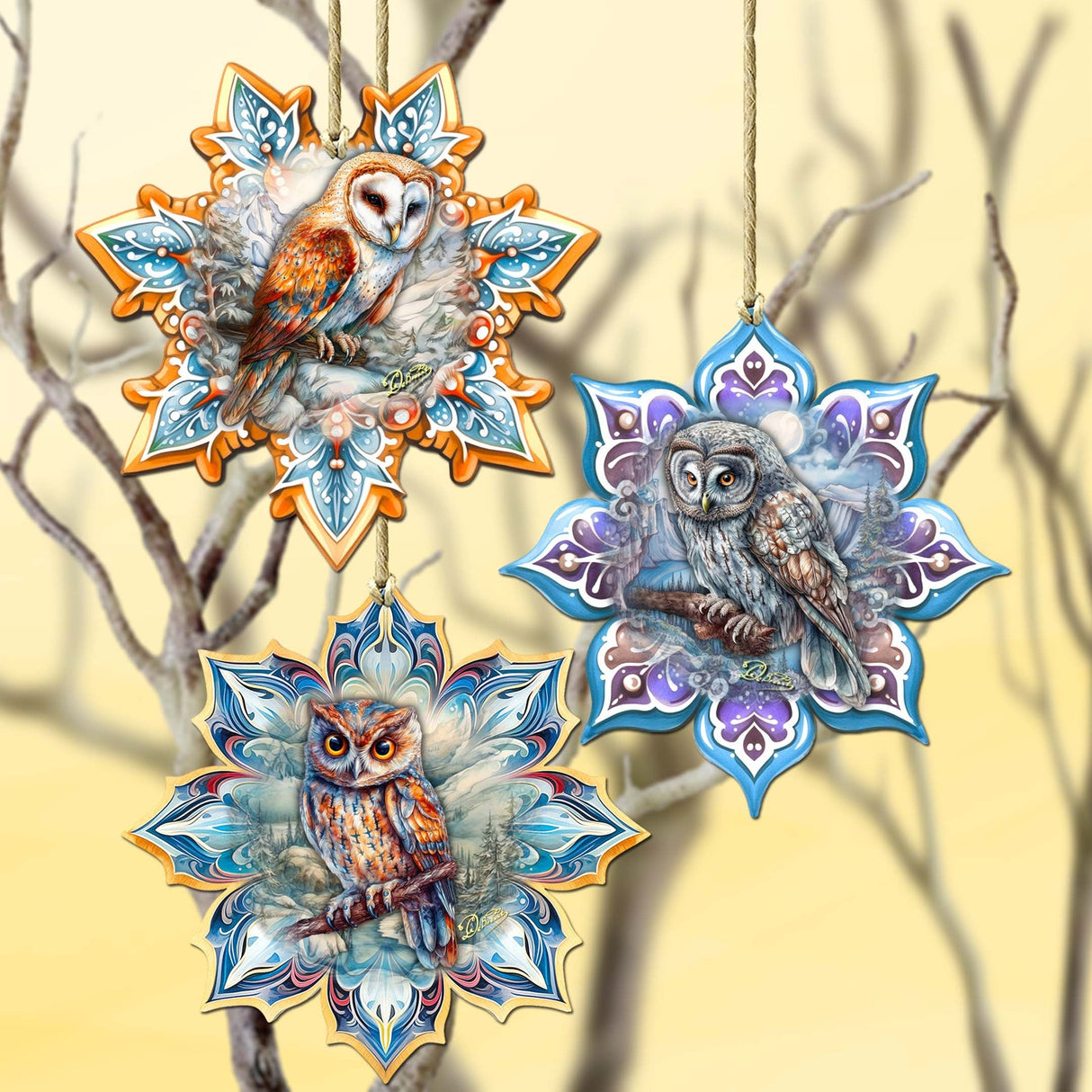 Owls Snowflake Wooden Ornaments Set of 3 by G. Debrekht - Nature Wildlife Decor - 8090152-S3