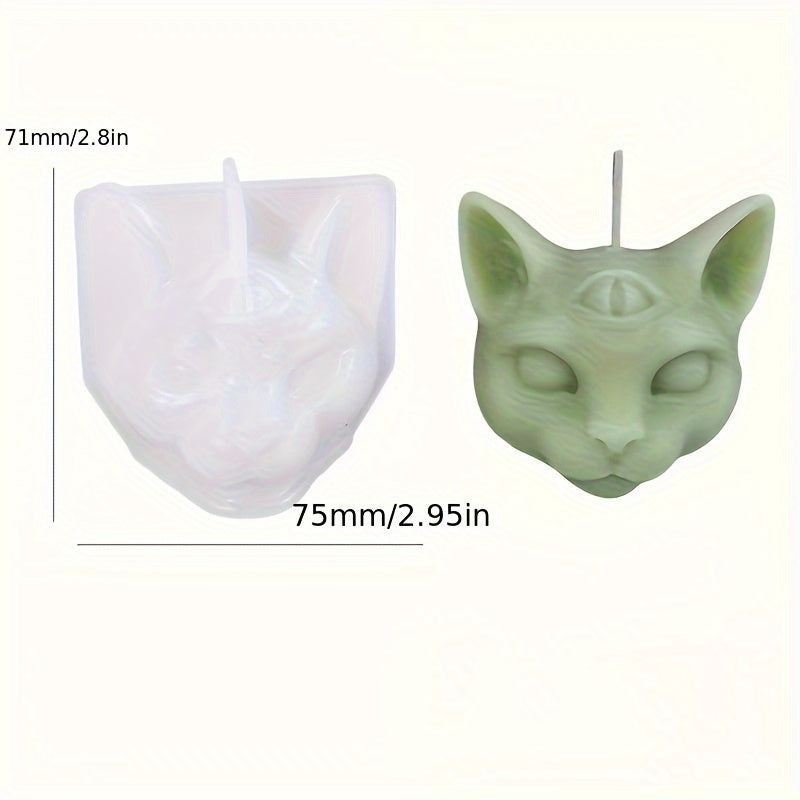 1pc 3D Three Eyed Cat Resin Scented Candle Wax Silicone Mold, DIY Evil Cat Head Silicone Molds For Candle Chocolate Making Epoxy Soap Casting, Animal Shape Molds For Halloween Gifts Home Decor