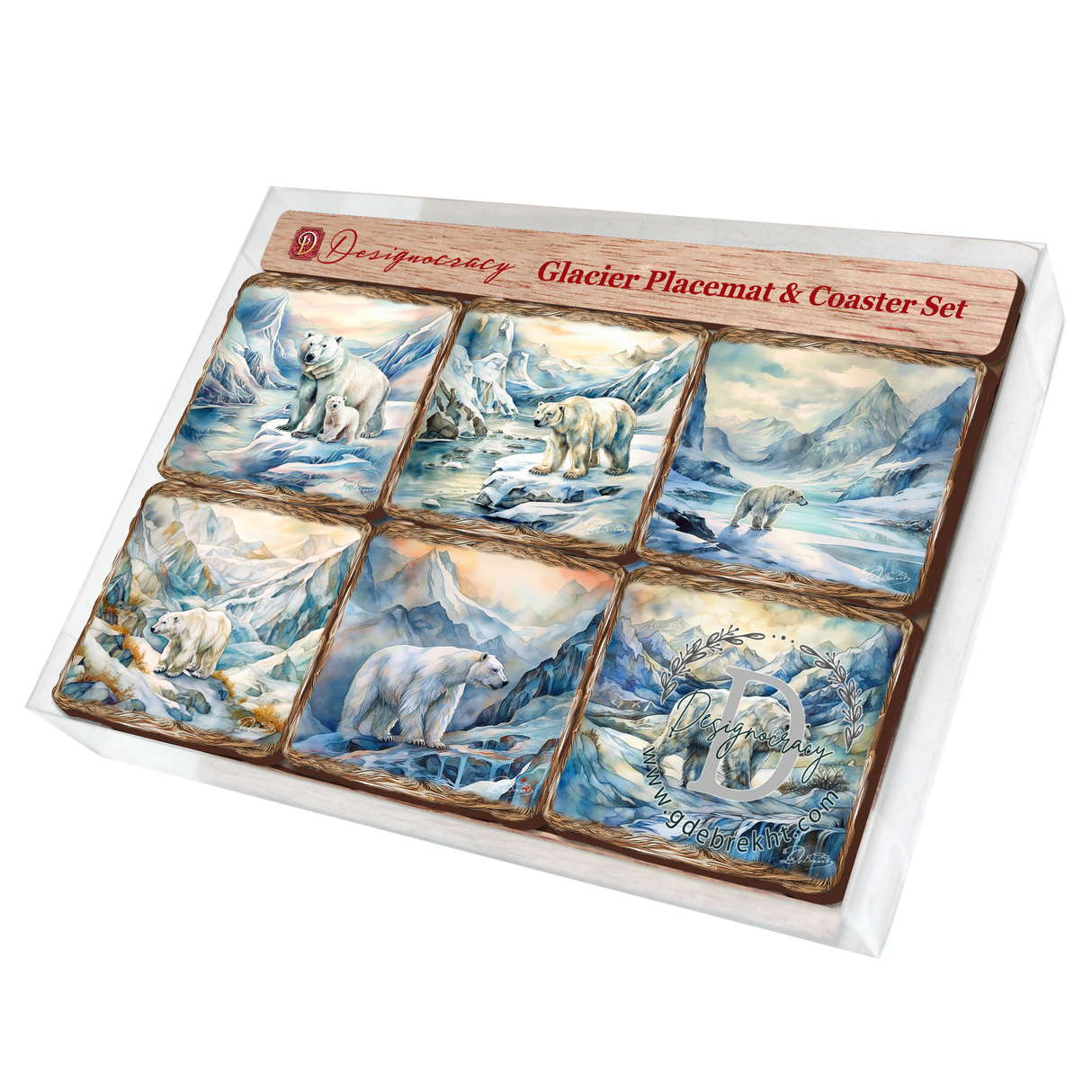 Juego de 7 manteles individuales y posavasos de corcho de madera con diseño de oso polar de Nature Wonders Nature Wildlife Decor - 85404C-S7