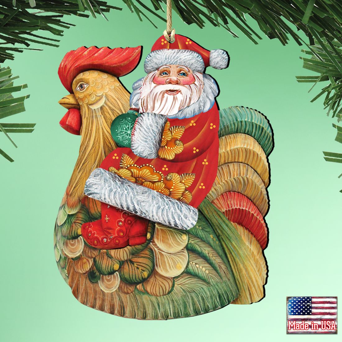 Adornos de madera de gallo de Papá Noel de G. DeBrekht - Decoración navideña de muñeco de nieve de Papá Noel - 8111340