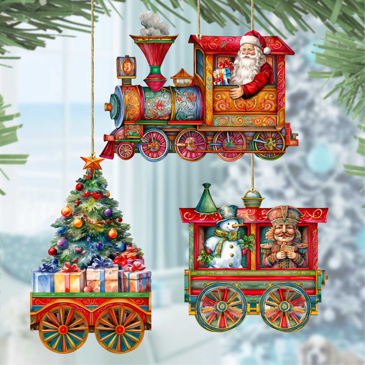 Santa's Train Wooden Ornaments Set of 3 by G. Debrekht - Christmas Décor - 8100202S3