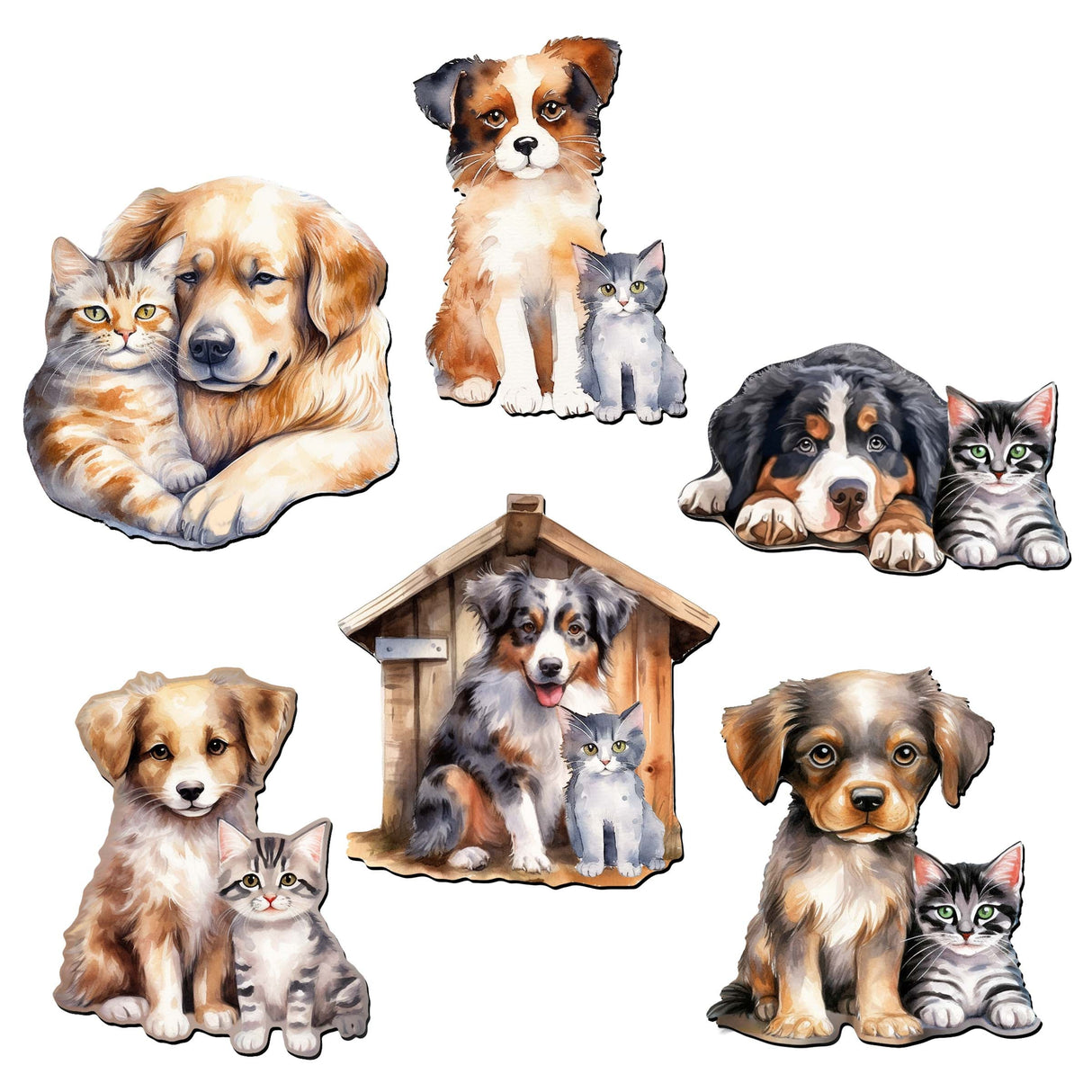Dogs Decorative Wooden Magnets Set of 6 by G. Debrekht - Pets Dog and Cat Decor - 8090017G-S6