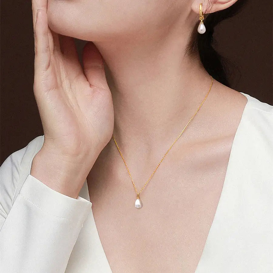 Small Water Drop Shape Pearl Pendant Necklace And Earrings Suite Women - Lootquake