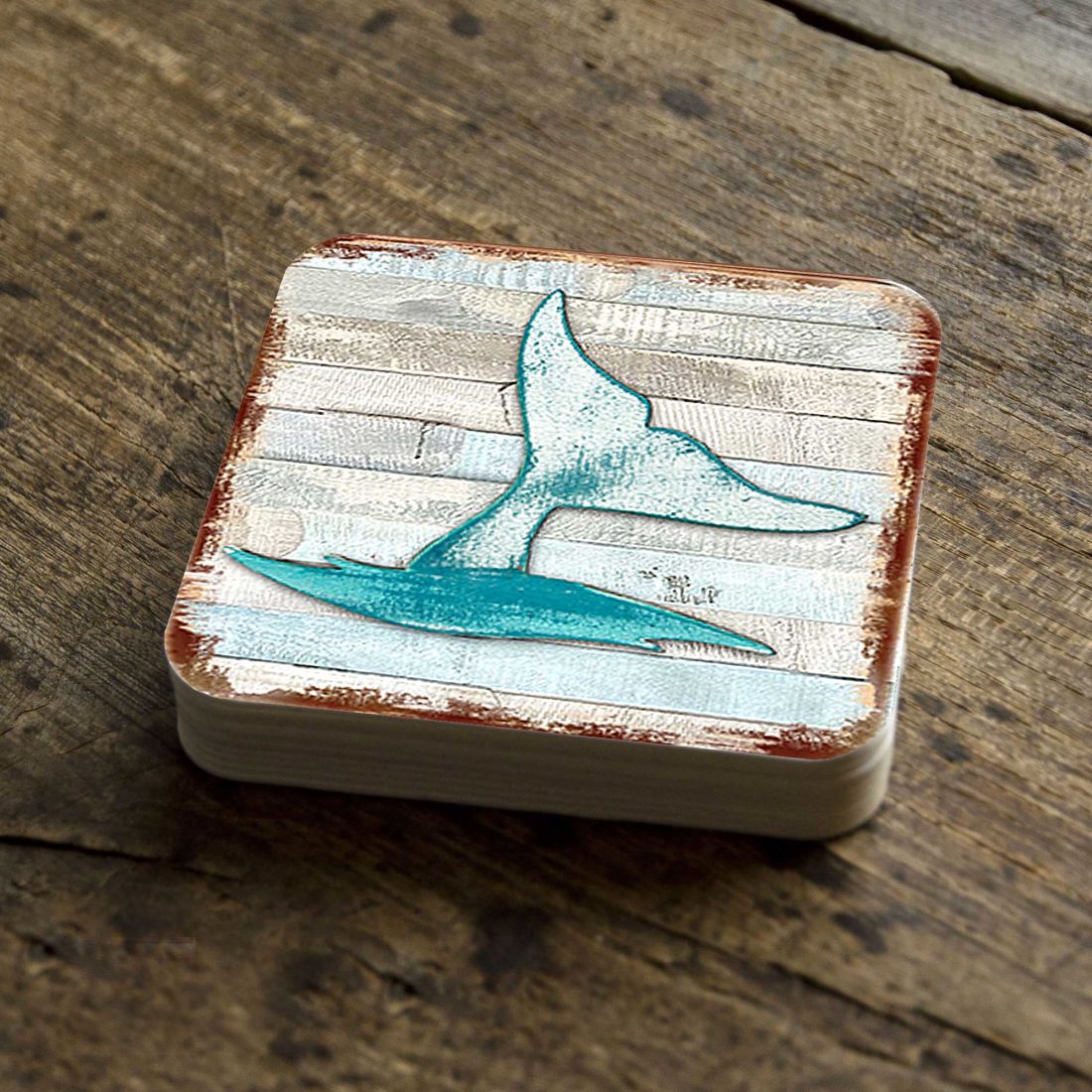 Juego de 4 posavasos de corcho de madera con diseño costero "Whales Tale" de Nature Wonders - Decoración costera con temática marina - 8198535-9C-S4