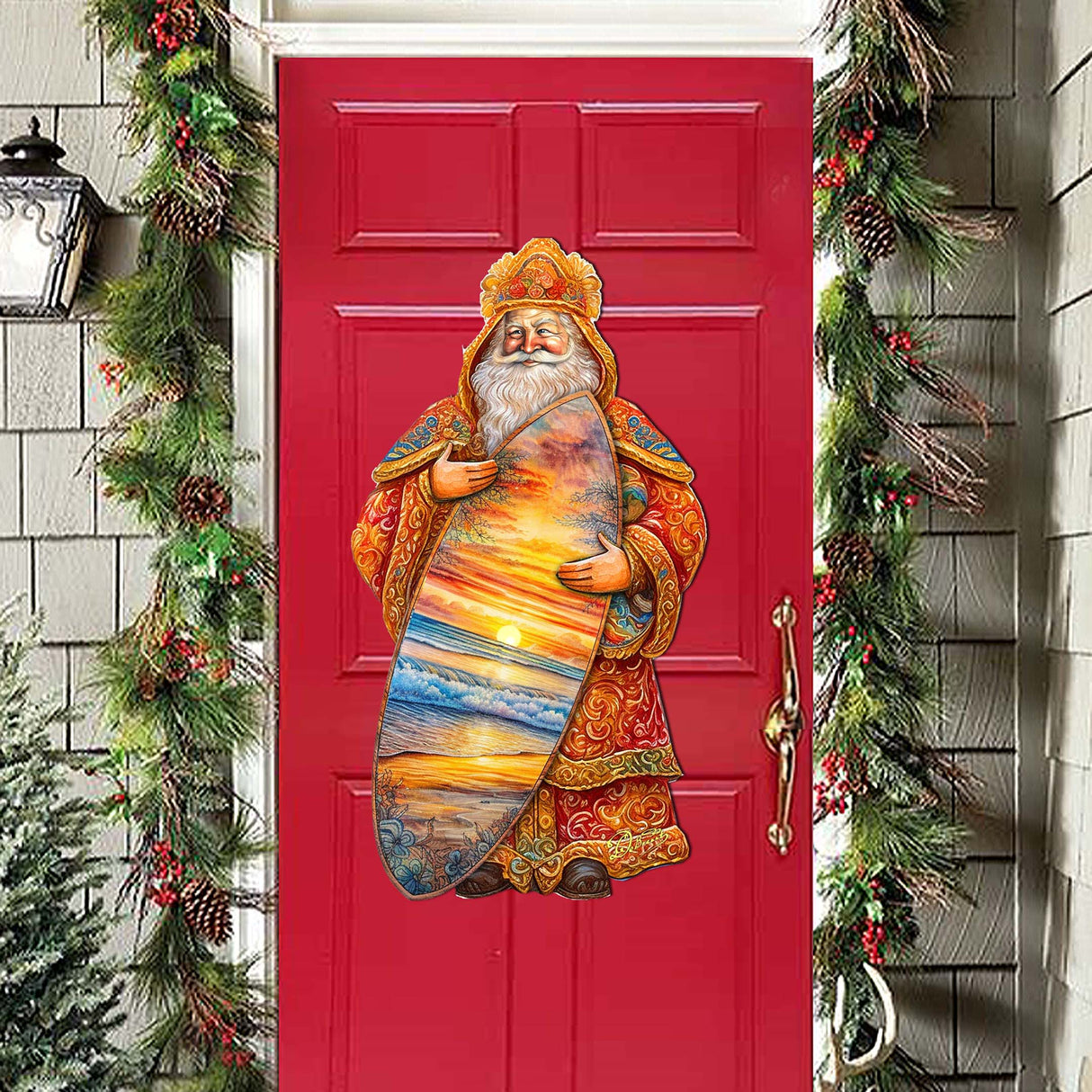 Decoración navideña para puerta con paseo en surf tropical de Papá Noel, de G. Debrekht - Decoración navideña de muñeco de nieve de Papá Noel - 8691413H