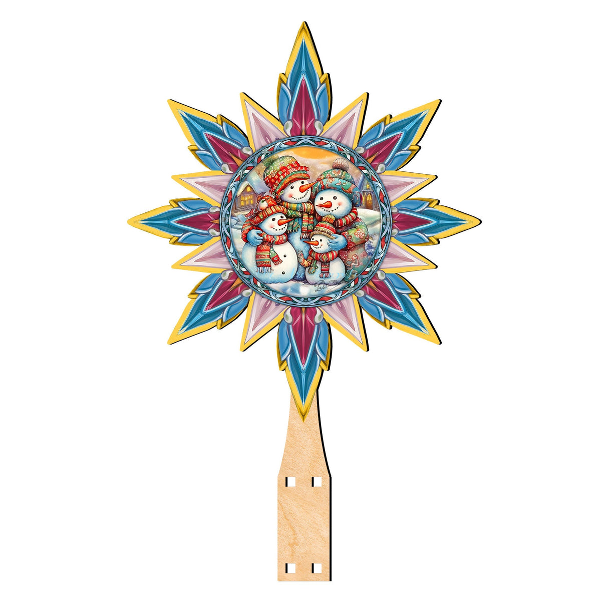 Decoración de madera para la punta del árbol de Navidad con forma de estrella y muñeco de nieve de G. Debrekht - Decoración navideña con muñeco de nieve de Papá Noel - 89511