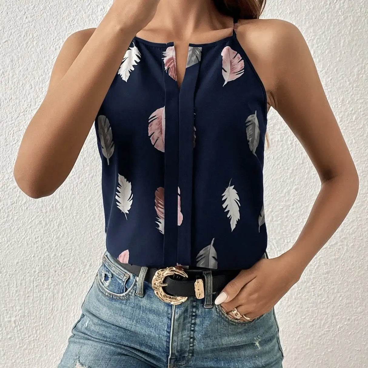 Women's Feather Print Notch V-neck Versatile Camisole Vest - Lootquake