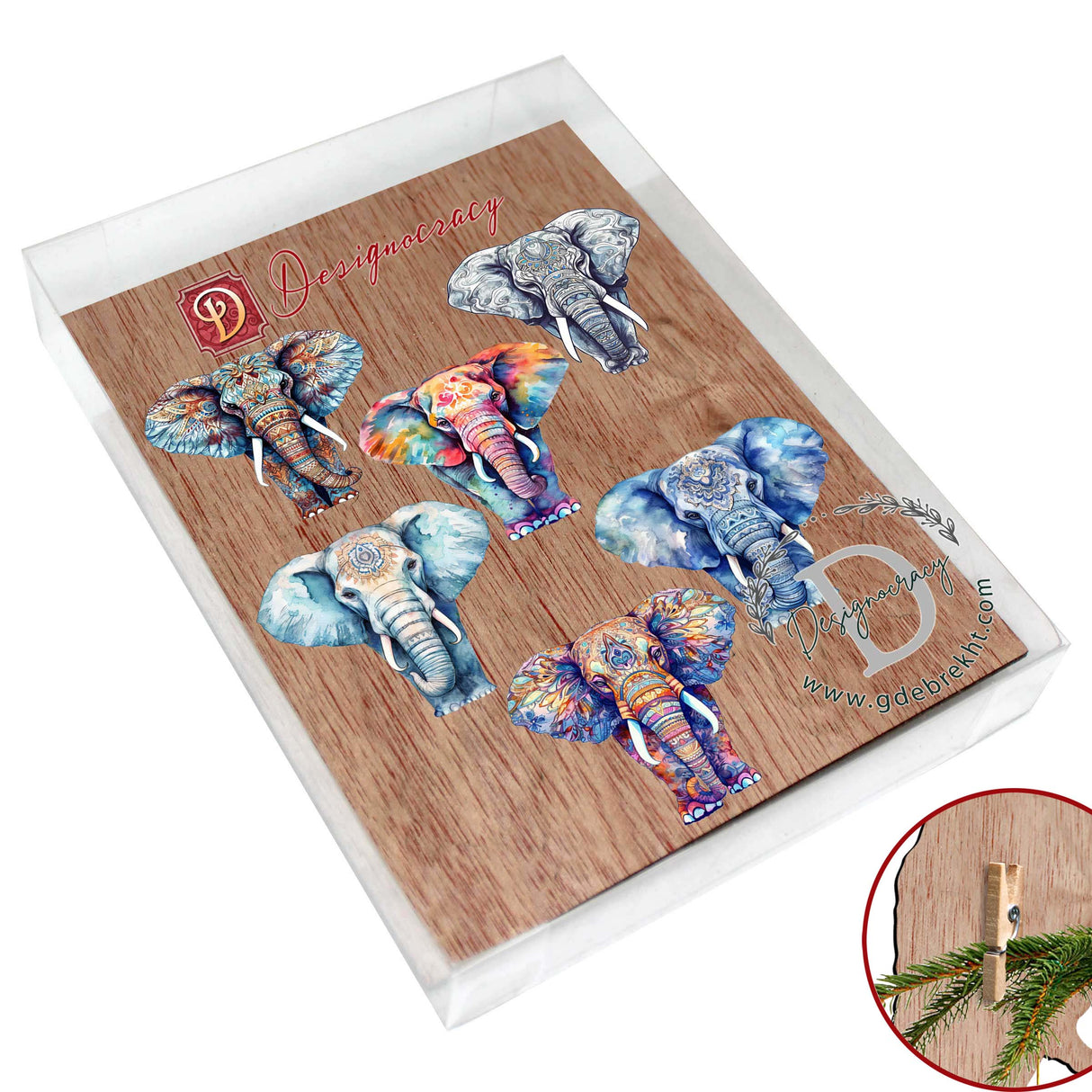 Elephants Decorative Wooden Clip-on Ornaments Set of 6 by G. Debrekht - Christmas Decor - 8090036C-S6