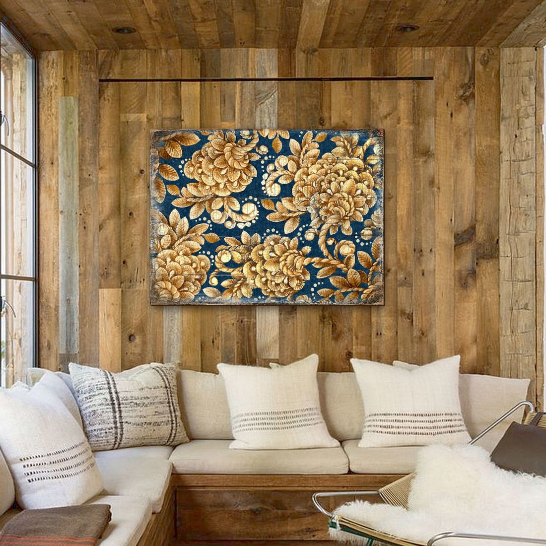 Arte floral dorado sobre madera rústica azul marino de G. DeBrekht - Decoración floral ornamental - 95014B