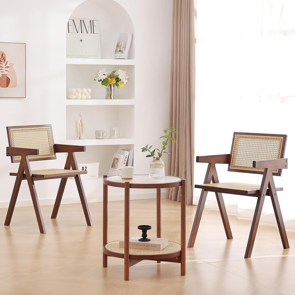 Rattan Dining Chairs Set of 2, Mid Century Modern Armchairs, Wooden Kitchen Chairs for Dining Room, Living Room, Walnut-1