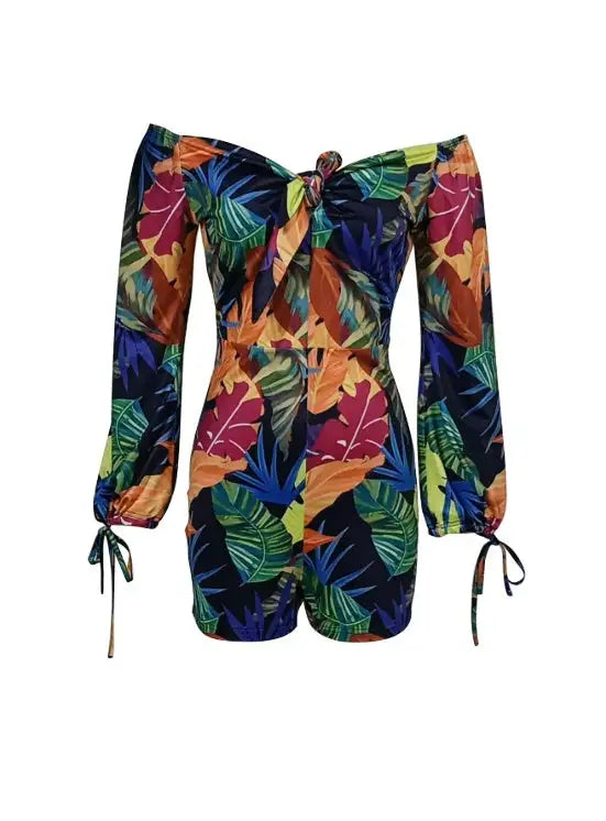 Ladies' Long Sleeved Vacation Elegant And Fashionable Plant Printed Cuffs With Drawstring Design, Chest Strap, Jumpsuit - Lootquake