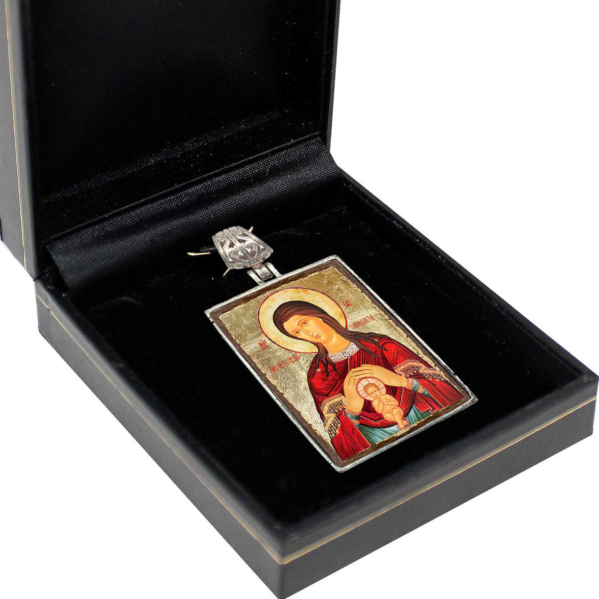 Blessed Virgin Mary Lifegiving Religious Jewelry Silver Plated Necklace, Gold-Plated Wooden Cabochon - Christian Icon - Inspirational Icon Decor - 43017R