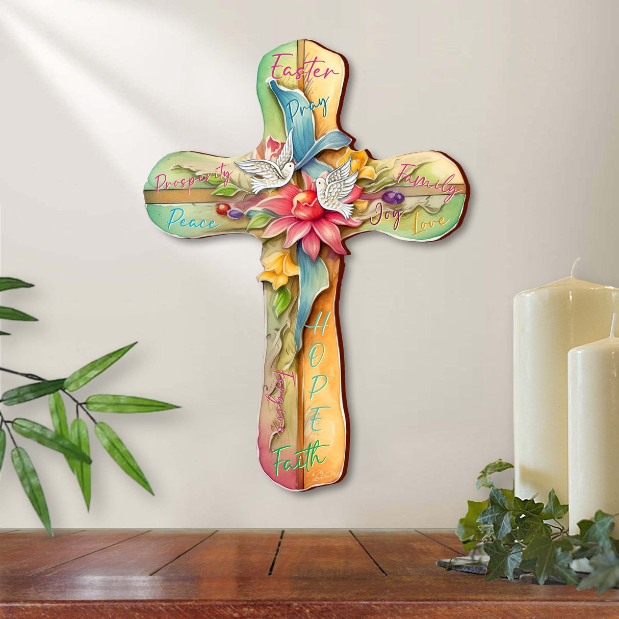 Easter Wooden Cross with Doves by G. Debrekht - Easter Spring Decor - 88167