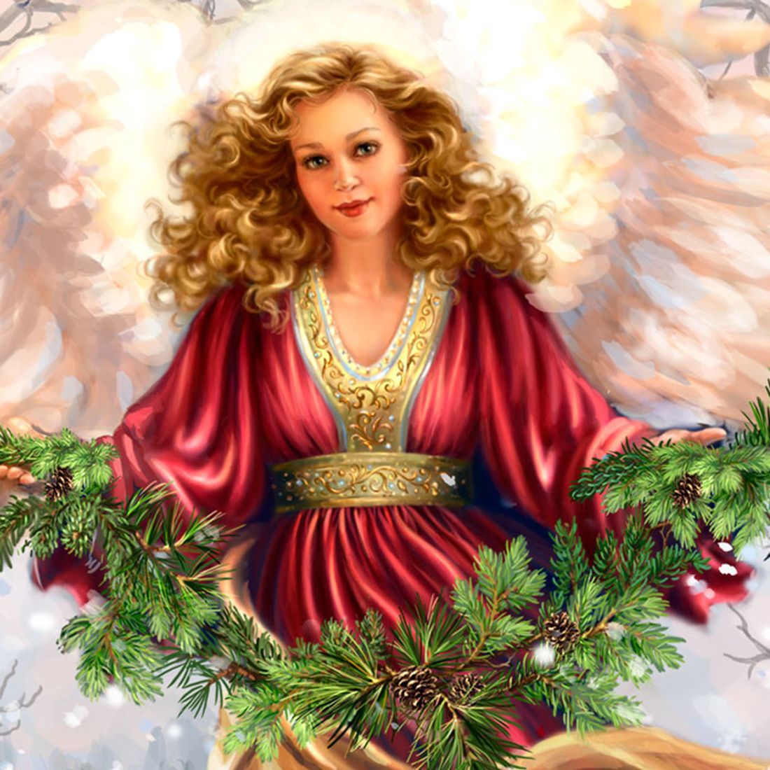 Ángel nevado de madera, obra de D. Gelsinger - Decoración navideña - 95681B-DG