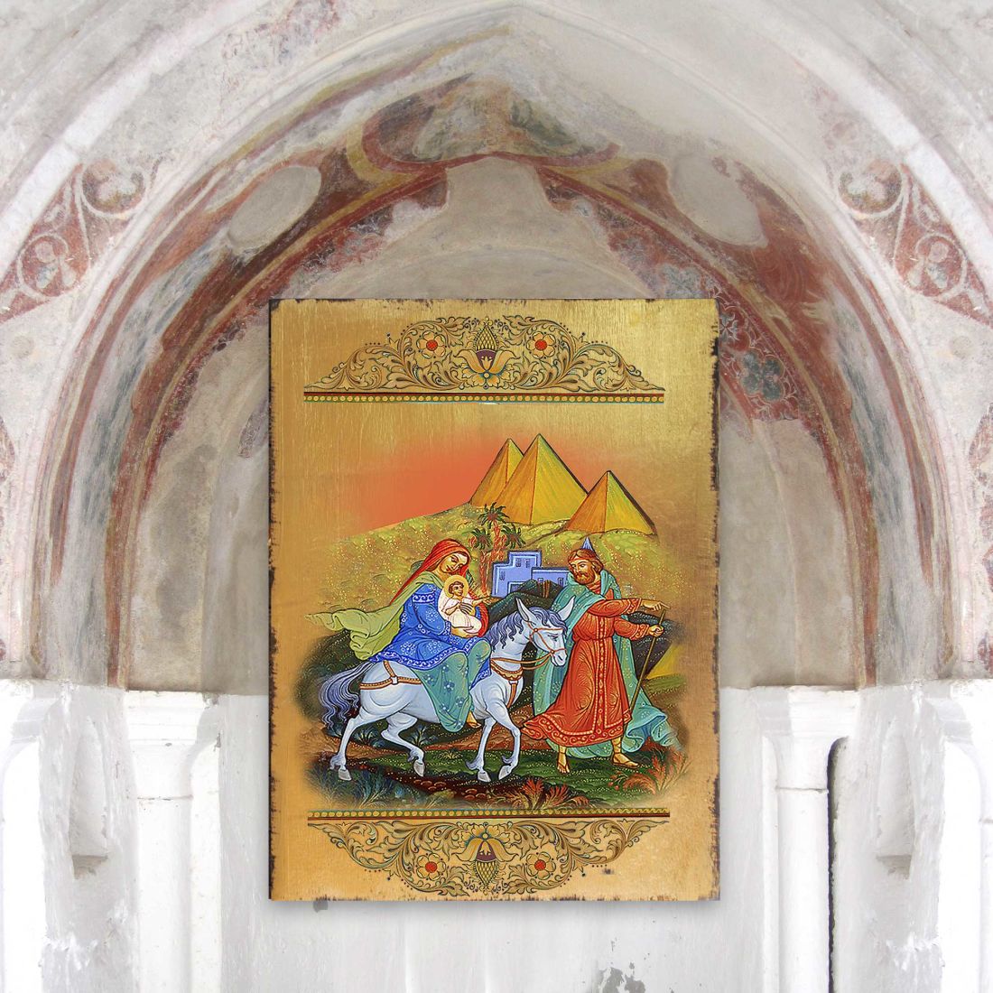 Flight to Egypt Wooden Gold Plated Religious Orthodox Sacred Icon - Inspirational Icon Decor - 85016