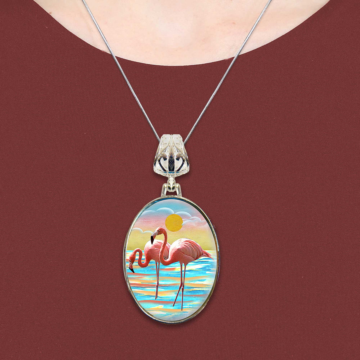 Flamingos Silver Plated Mother of Pearl Jewelry Pendant Necklace Coastal - 44046