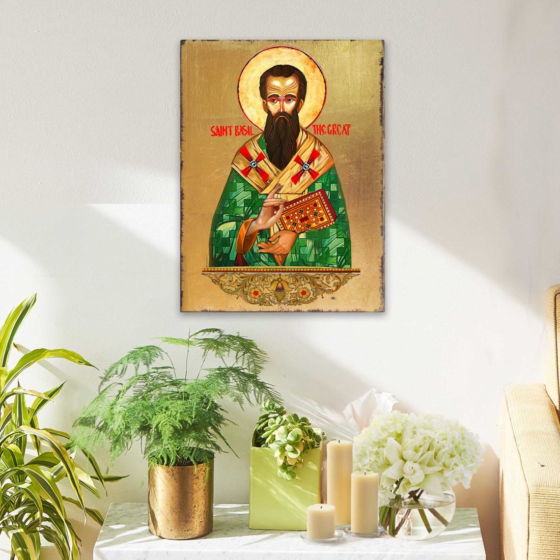 Icono religioso cristiano sagrado de San Basilio de madera bañado en oro - Decoración inspiradora - 85053