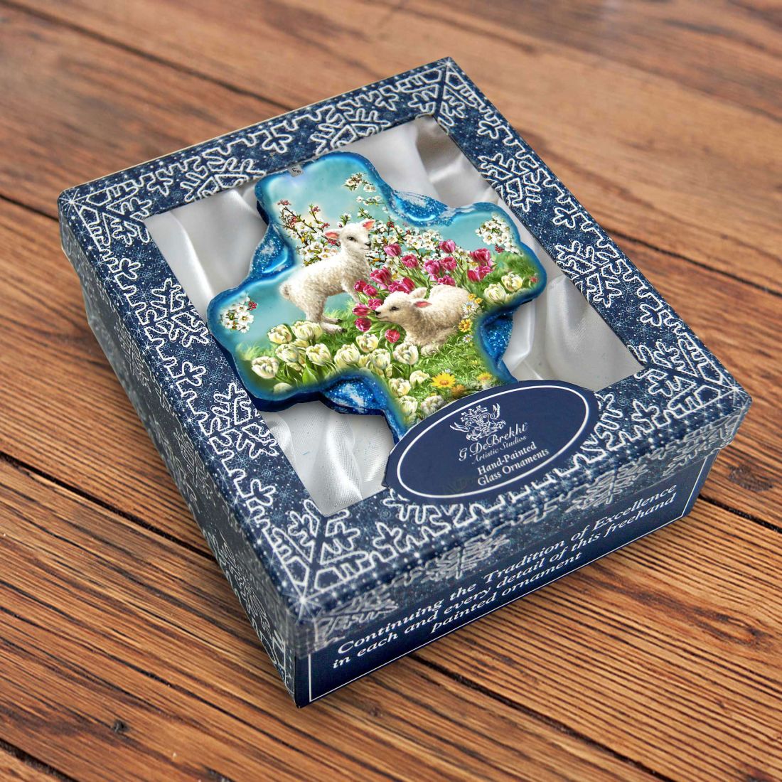 Adorno de vidrio con forma de oveja y flores de D. Gelsinger - Decoración navideña - 758-020-DG