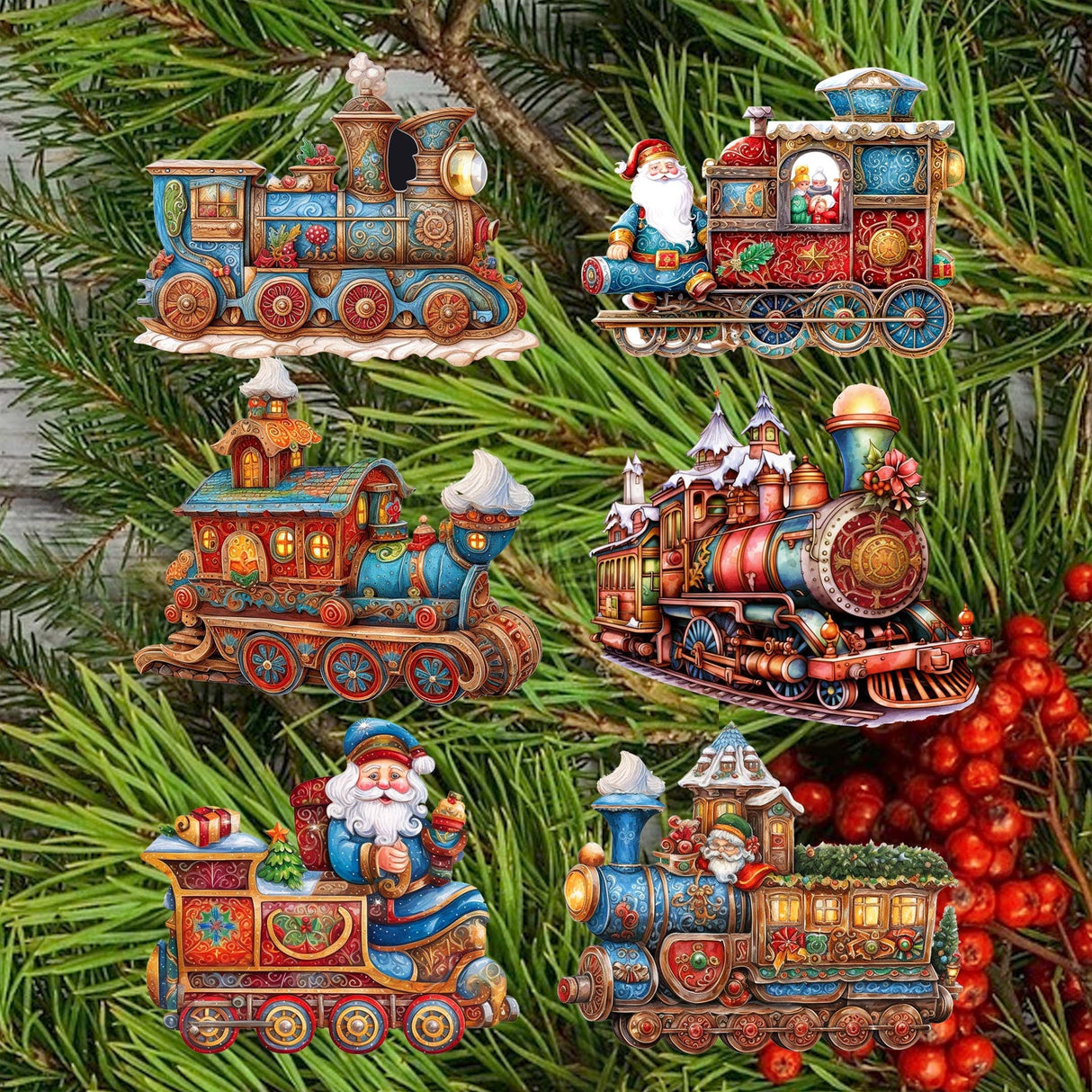 Tren navideño de Papá Noel: juego de 6 adornos decorativos de madera con clip, de G. Debrekht - Decoración navideña - 8090123C-S6