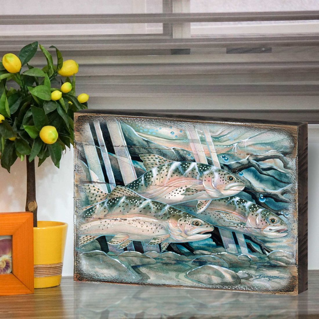 Catch the Rainbow Trout Wooden Wall Art by J. Bergsma - Nature Wildlife Decor - 8592674BP-JB