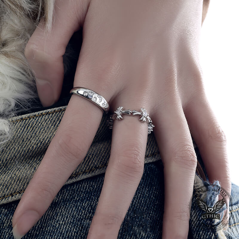 Dark Cross Star Moon Copper Alloy Open Zircon Ring