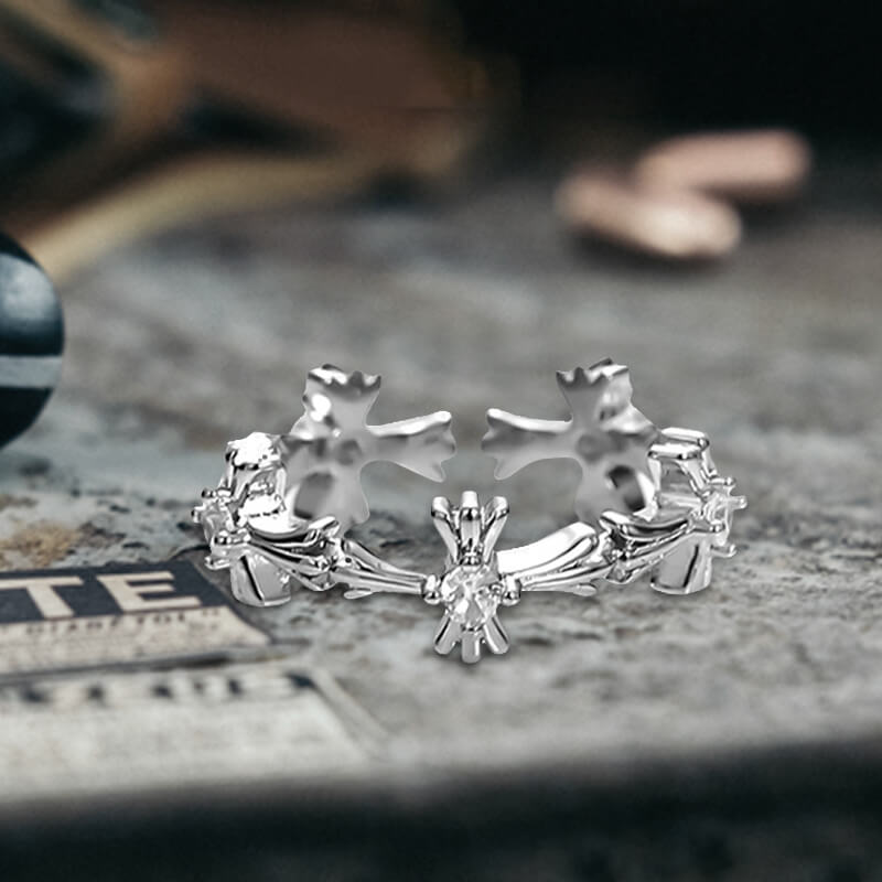 Dark Cross Star Moon Copper Alloy Open Zircon Ring