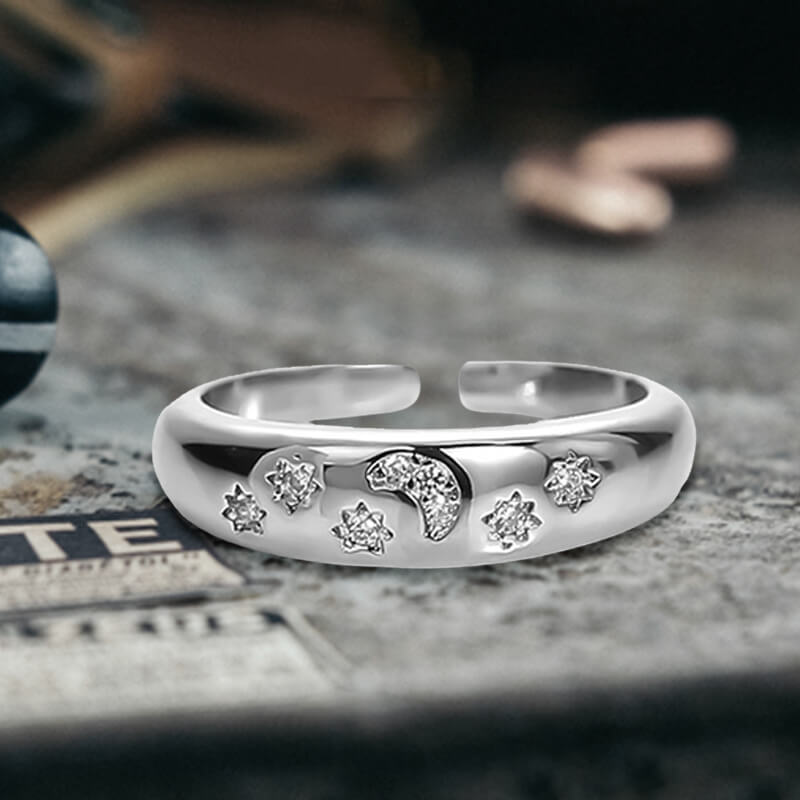 Dark Cross Star Moon Copper Alloy Open Zircon Ring