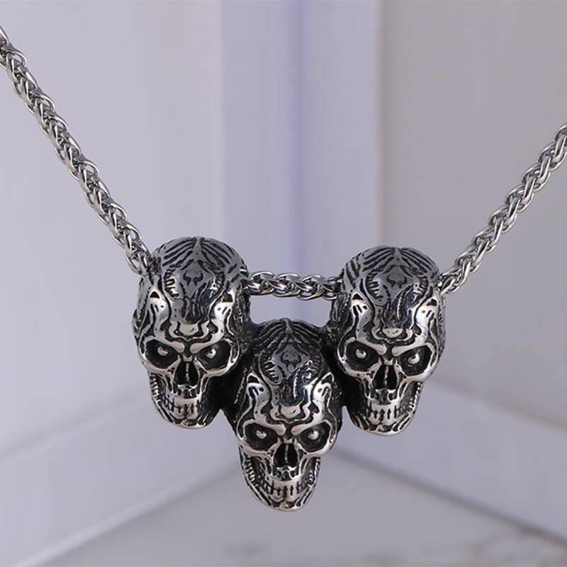 Dark Three Skull Head Stainless Steel Gothic Necklace