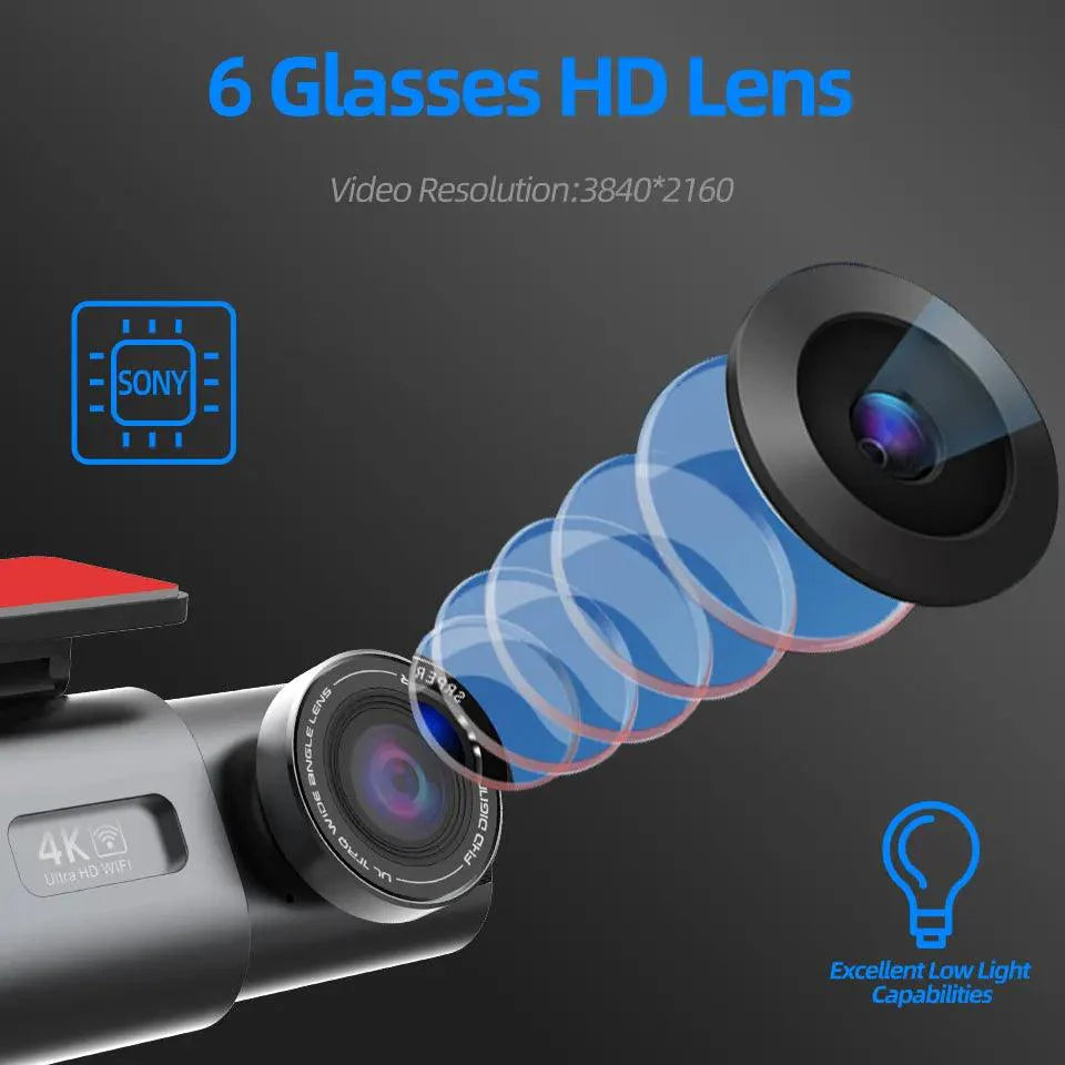 4K Dual Lens Dashboard Cam with Night Vision & GPS - Built-in Wi-Fi & Parking Mode