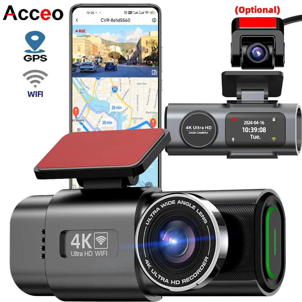 4K Dual Lens Dashboard Cam with Night Vision & GPS - Built-in Wi-Fi & Parking Mode