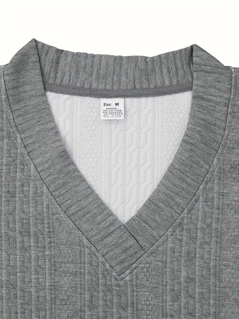 2pcs Men's Jacquard Solid Short Sleeve V Neck Shirt & Matching Drawstring Shorts Set, Summer Leisure Clothing - Lootquake