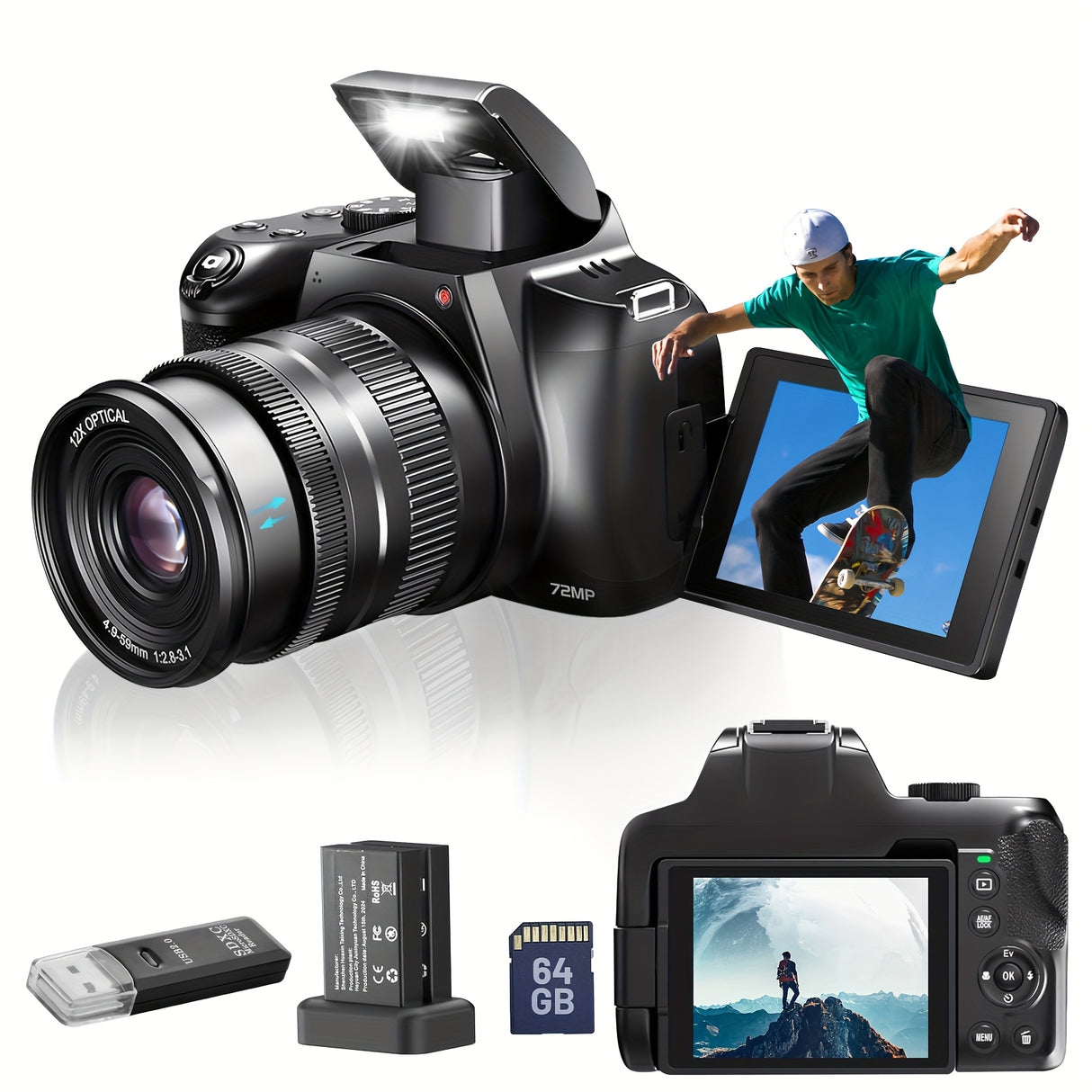 Cámaras para fotografía, cámara digital 4K con zoom óptico de 12x, cámara de vlogueo de 72 MP con pantalla giratoria de 270°, batería, cargador, tarjeta SD de 64 GB, lector de tarjetas