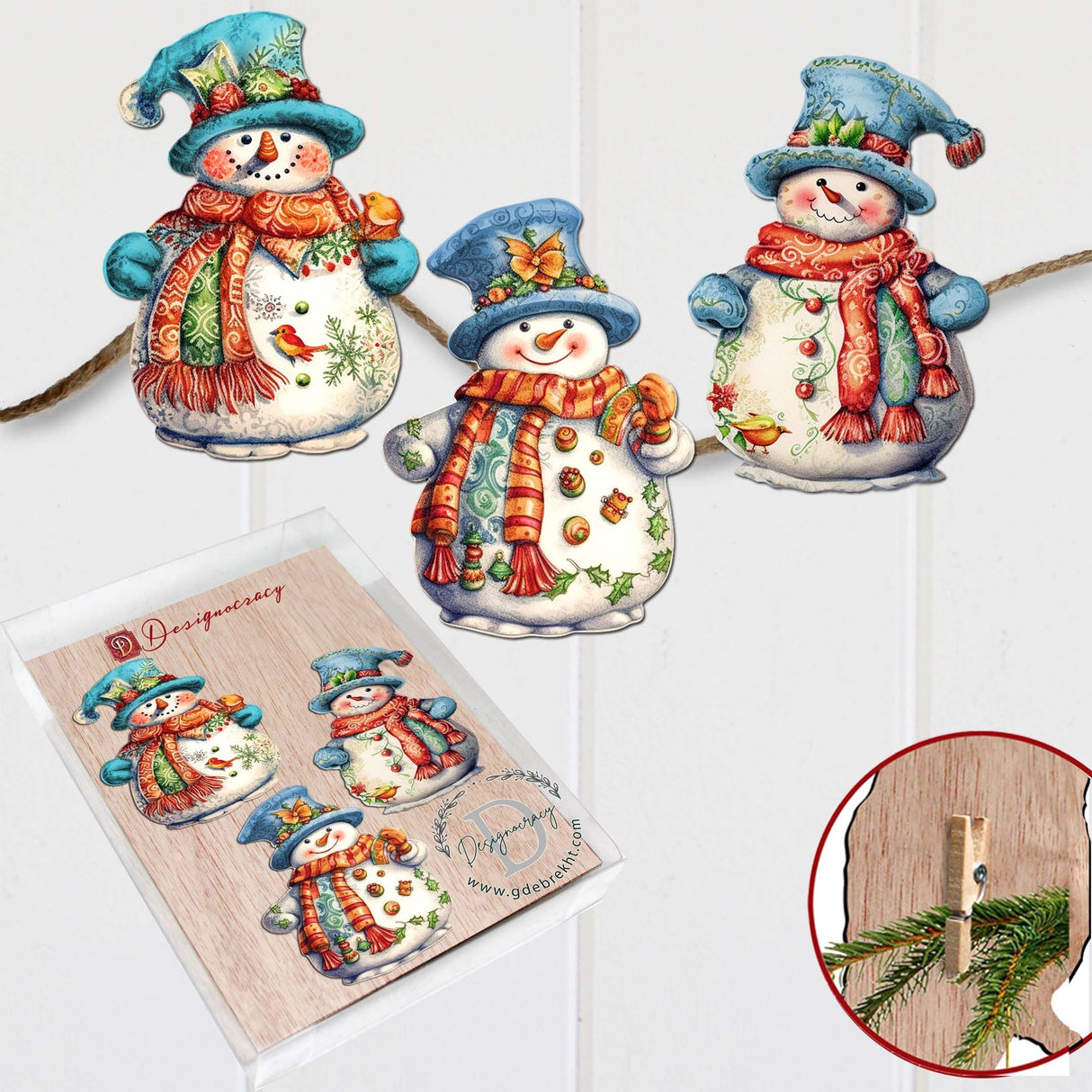 Snowman Decorative Wooden Clip-on Ornaments Set of 3 by G. Debrekht - Christmas Decor - 8091023C-S3