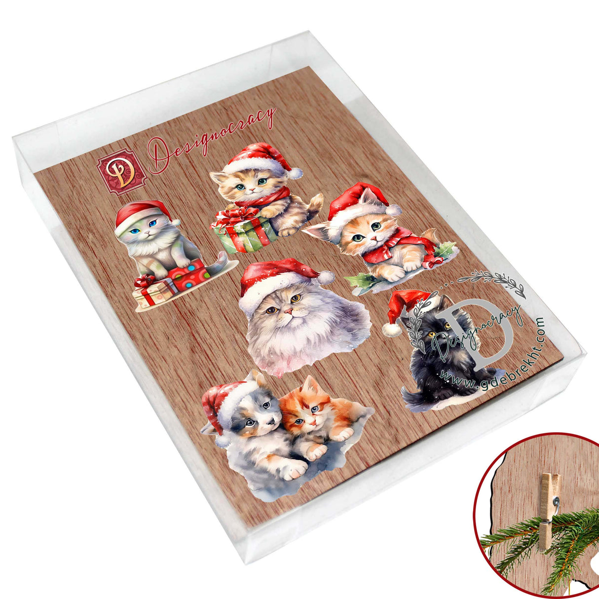Christmas Cats Decorative Wooden Clip-on Ornaments of 6 by G. Debrekht - Christmas Decor - 8090016C-S6