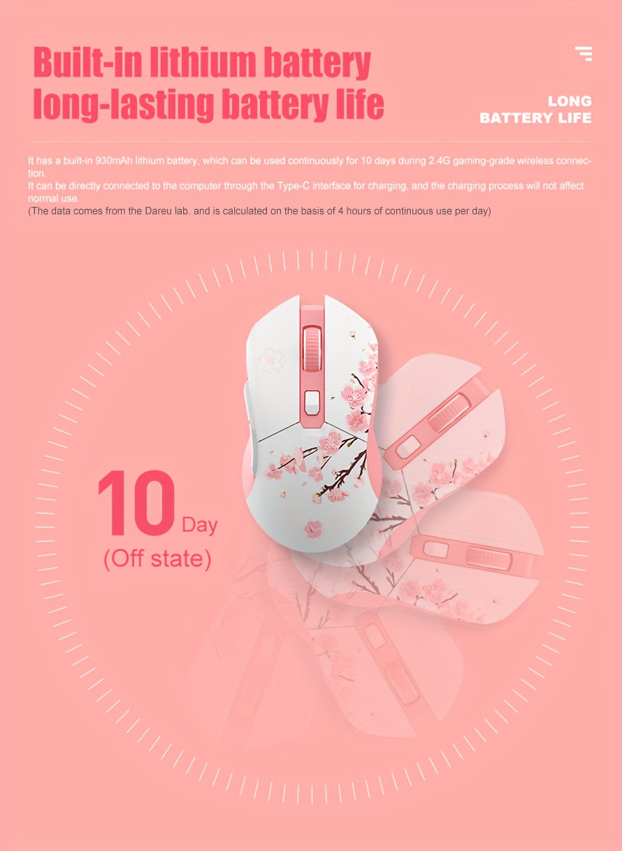 DAREU Sakura Pink Wireless Gaming Mouse - 12K DPI, RGB Rechargeable, 7 Programmable Buttons, Charging Dock Stand, Dual Mode for PC/Laptop/Mac - The Perfect Gift for Birthdays, Valentines, Halloween, Easter, and Girlfriends