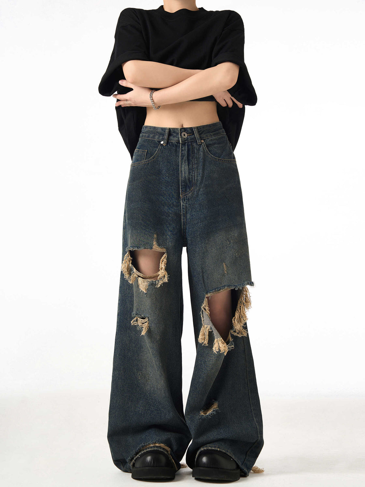 Couple Hole Worn Jeans Wide-leg Pants - Lootquake