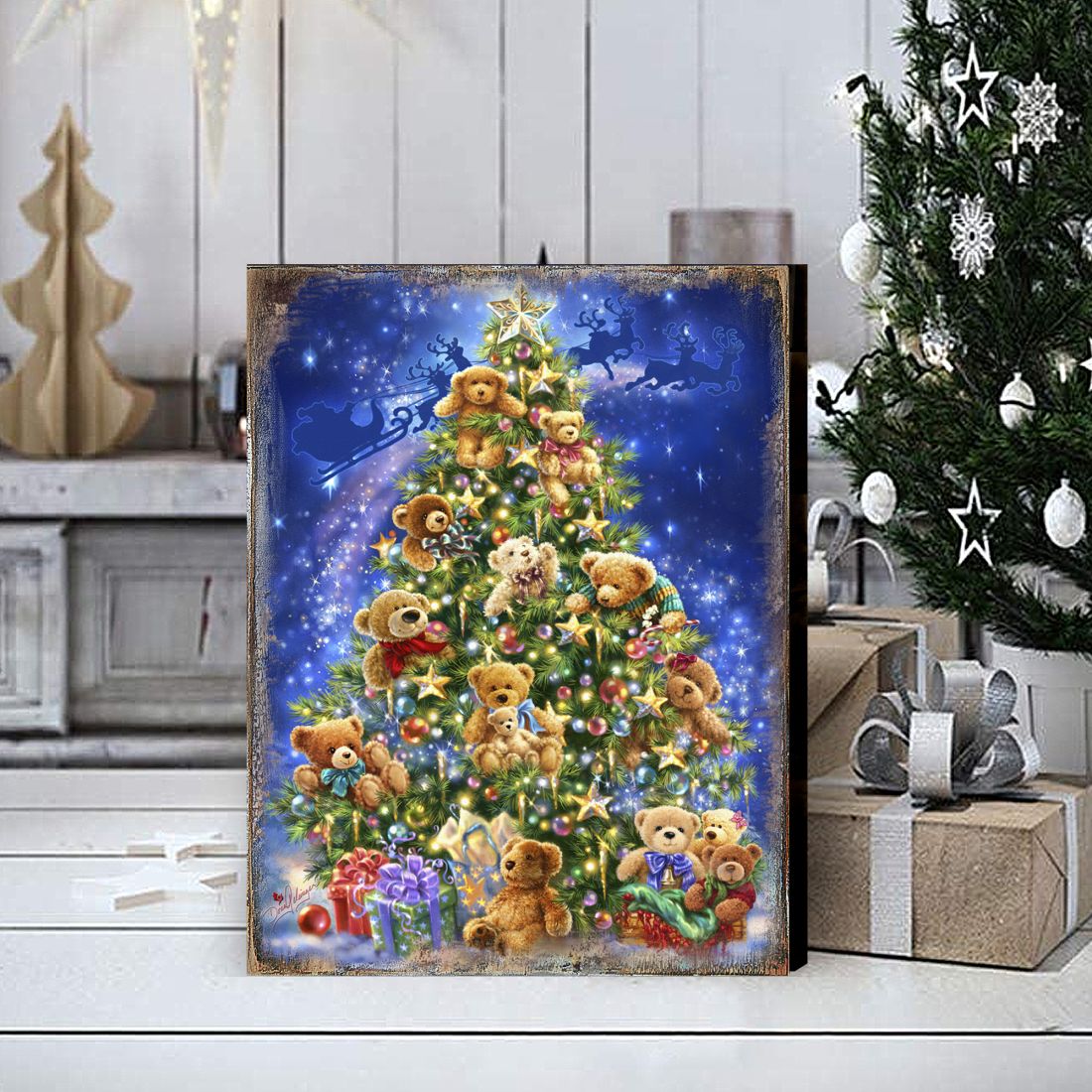 Árbol de ositos de peluche de madera, obra de D. Gelsinger - Decoración navideña de Papá Noel y muñeco de nieve - 95605B-1101