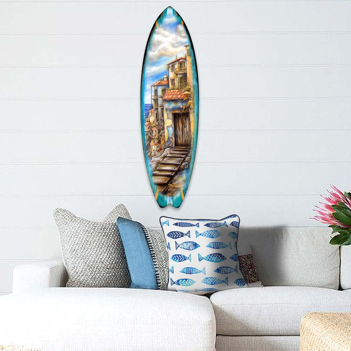 Mediterranean Seaside Surfboard Coastal Wall Art by G. DeBrekht - Coastal Holiday Decor - 8490118HS