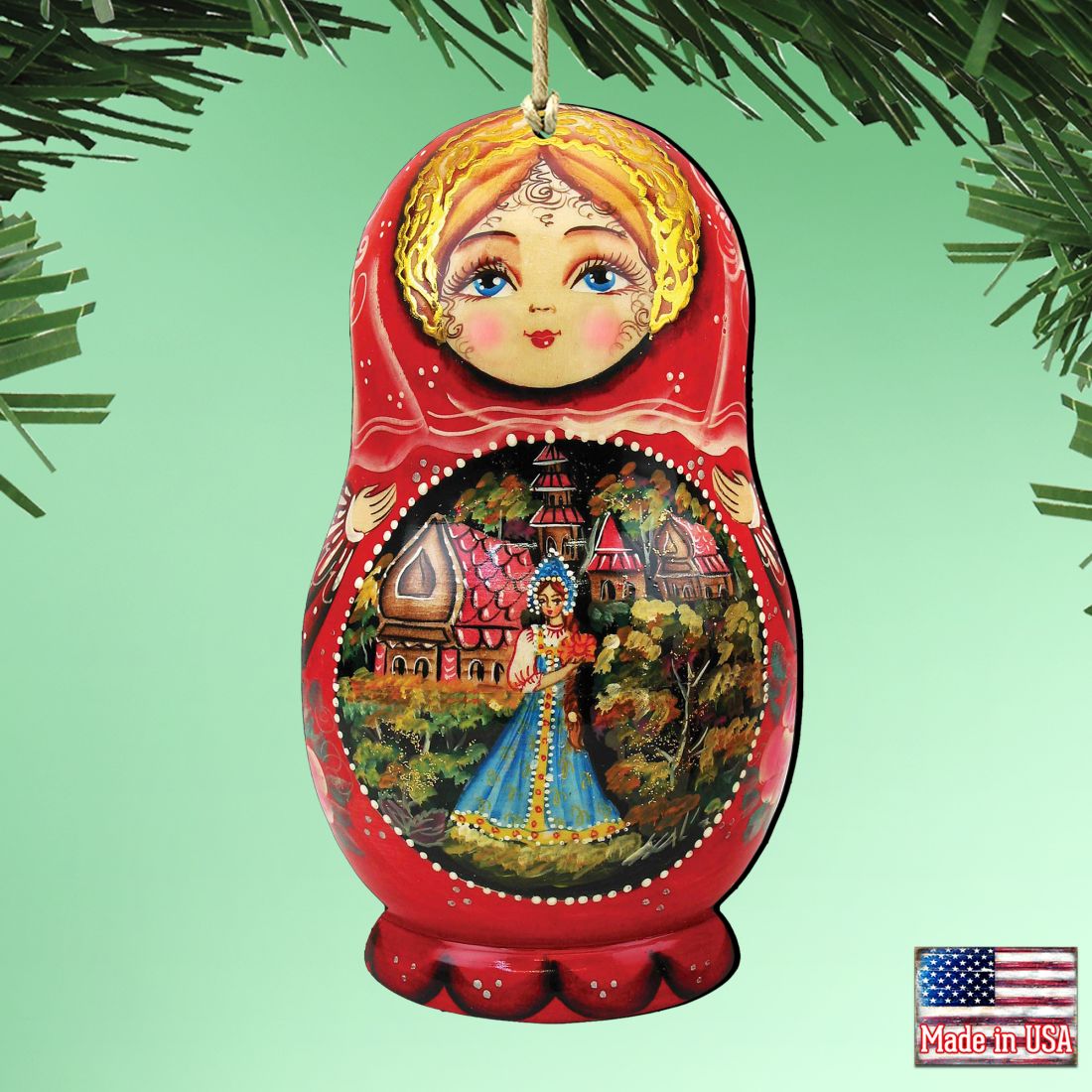 Adornos de madera Matreshka de flores escarlatas de G. DeBrekht - Decoración navideña de Papá Noel y muñeco de nieve - 8115103