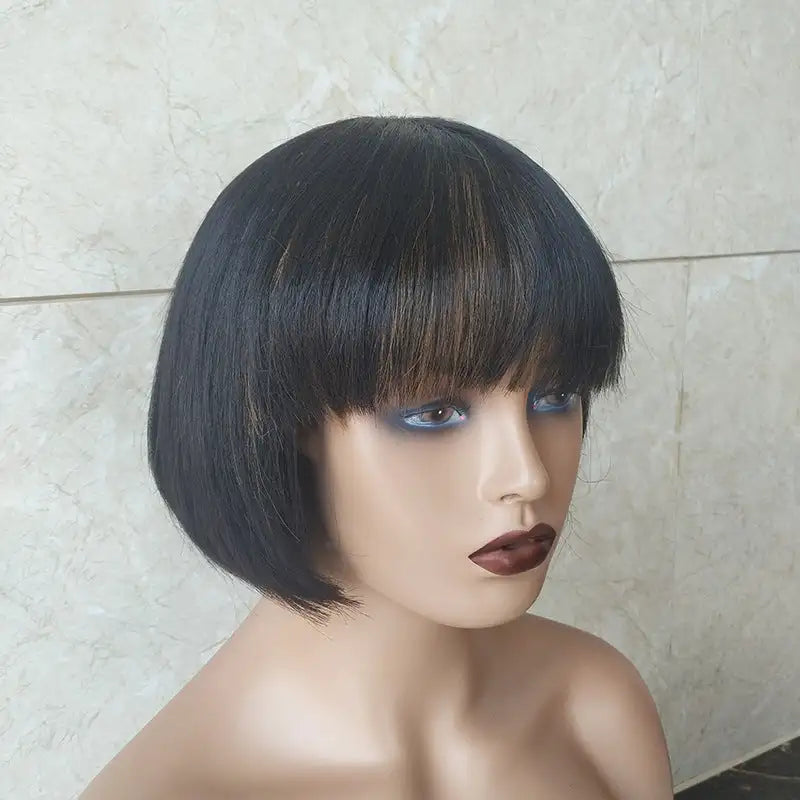 Double Drawn Short Bob Wig Brazilian Human Hair Fringe Wig - Lootquake