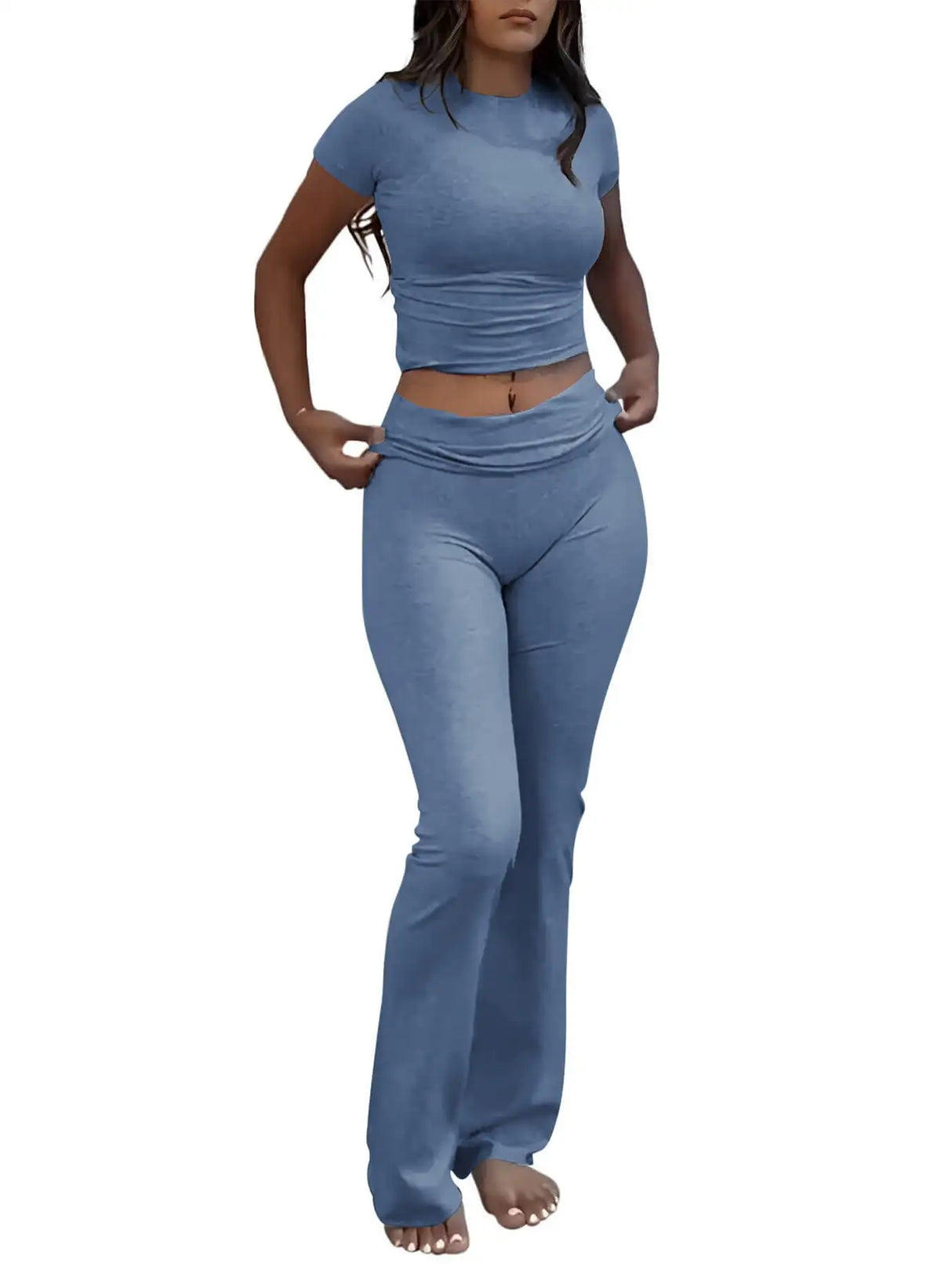 Casual Solid Color Slim Fit Two-piece Pants Set, Short Sleeved Round Neck T-shirt And Tight Flared Pants Sports Pants Clothing, Women's Clothing - Lootquake