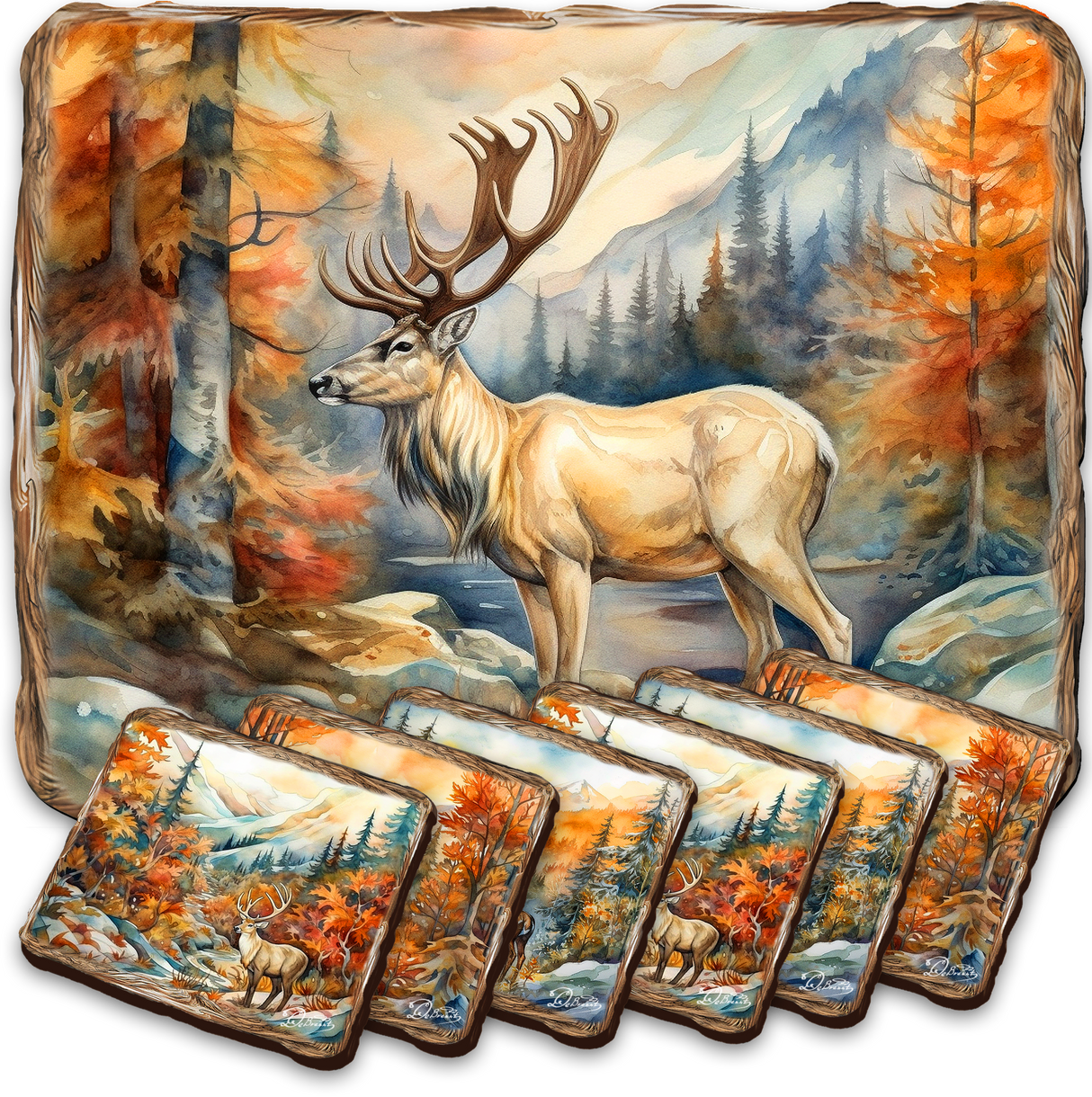 Caribou Wooden Cork Placemat and Coasters Gift Set of 7 by Nature Wonders Nature Wildlife Décor - 85408C-S7