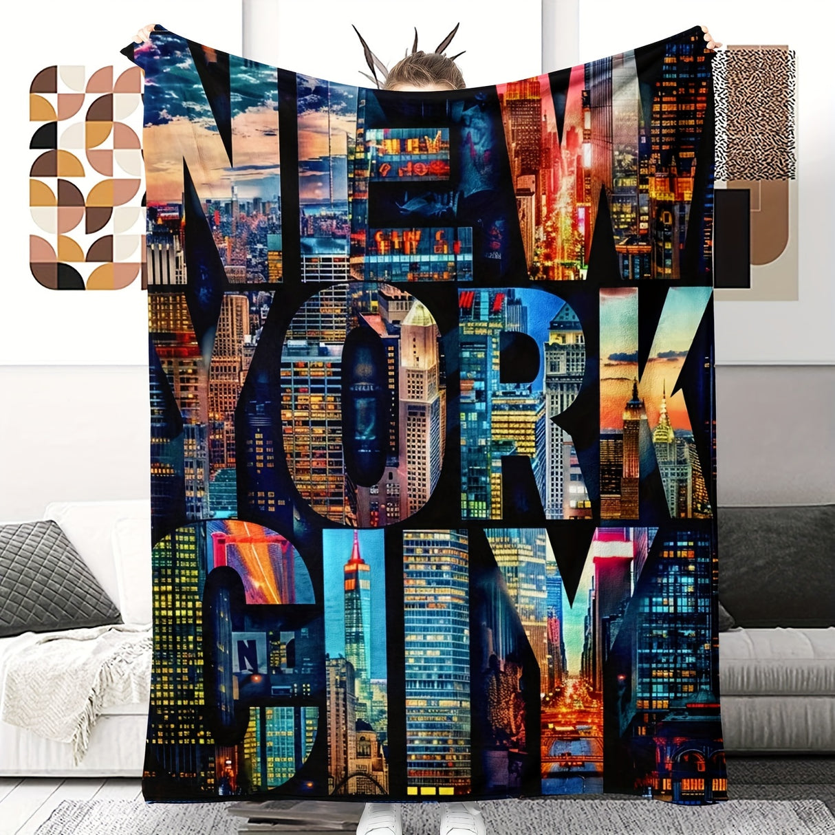 New York City Skyline Reversible Chunky Knit Throw Blanket - Contemporary Polyester Fantasy Design with Soft Comfort for All Seasons